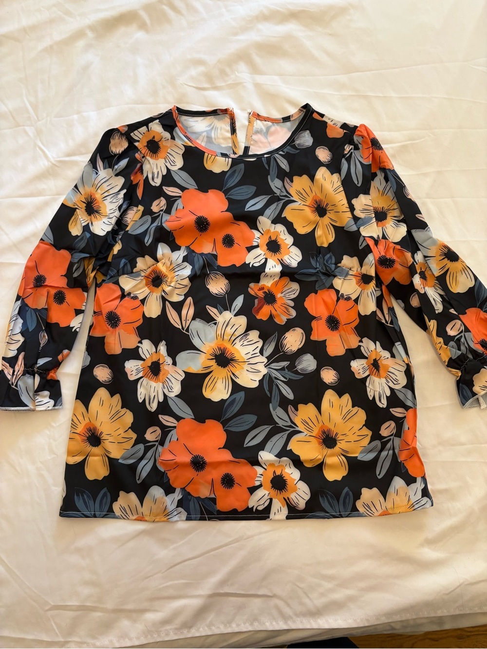 Women’s Floral Scoop Neck Top in Black with Orange Blooms